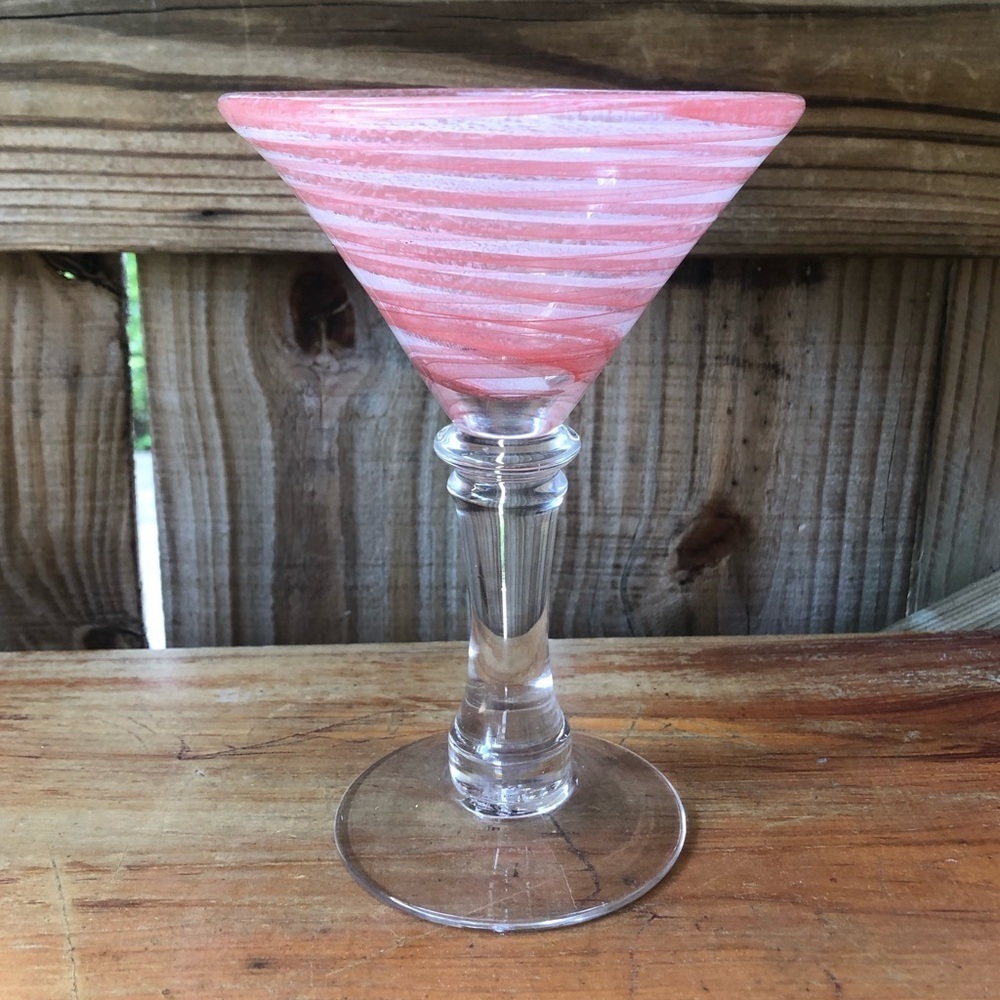 Light Red & White Swirl Hand Blown Martini Glass 8oz